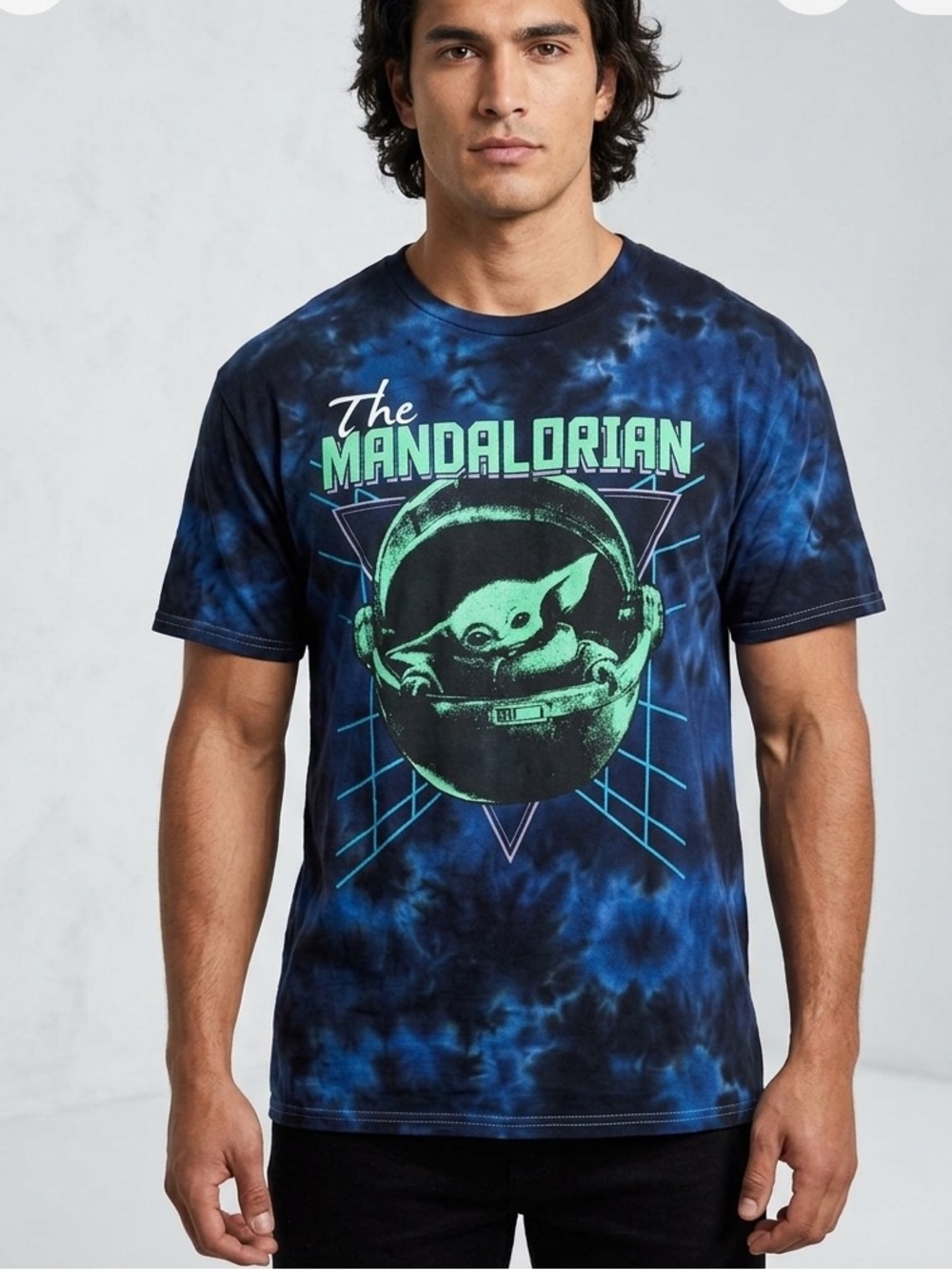 Star Wars The Mandalorian Black Tie-Dye Tee with Neon Green & Teal Graphic